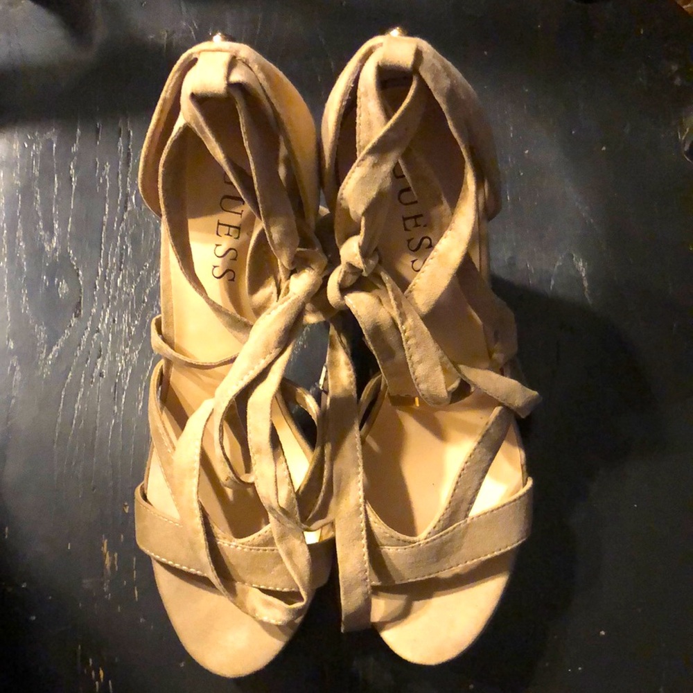 Guess Tan Colored Open Toe Heels with Ballerina Sashes